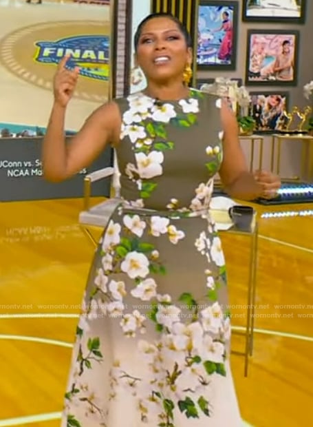 Tamron's floral print sleeveless dress on Tamron Hall Show