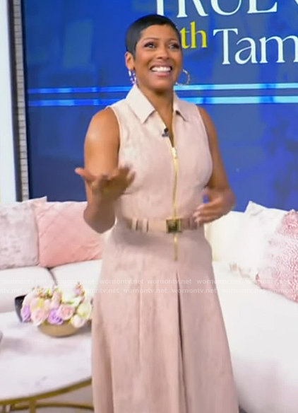 Tamron's pink sleeveless lace dress on Tamron Hall Show