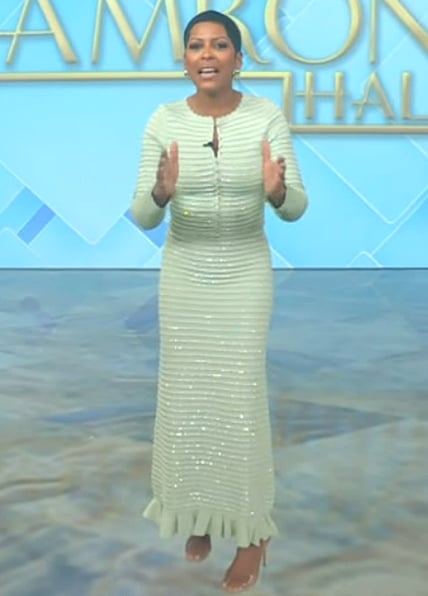 Tamron's mint rhinestone embellished cardigan and skirt on Tamron Hall Show