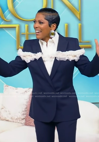 Tamron's navy lace trim blazer on Tamron Hall Show