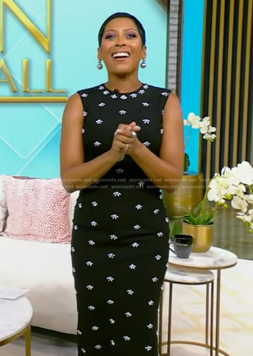 Tamron's black sleeveless printed dress on Tamron Hall Show