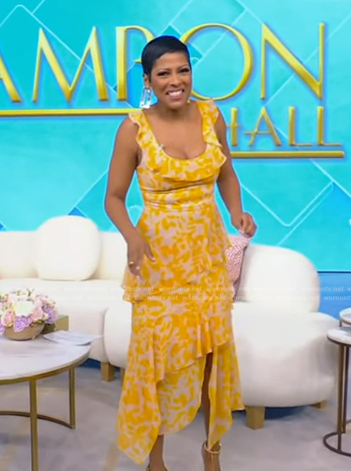 Tamron's yellow floral print ruffle dress on Tamron Hall Show