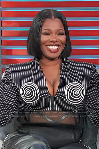 Ta'Rhonda Jones's striped bodysuit on Access Hollywood