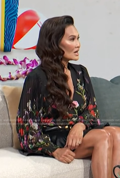 Tia Carrere's floral print pleated blouse on Access Hollywood