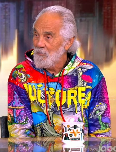 Tommy Chong's multicolored mushroom print hoodie on The View
