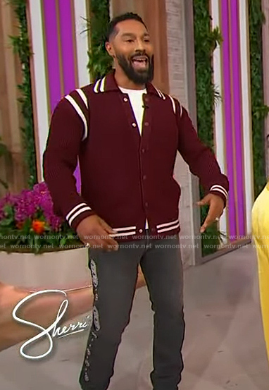 Tone Bell's burgundy stripe cardigan and jeans on Sherri