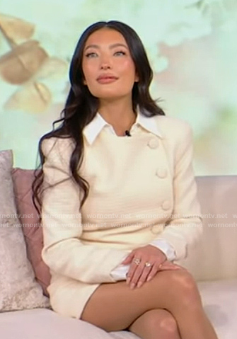 Jacinda's white tweed mini dress on Tamron Hall Show