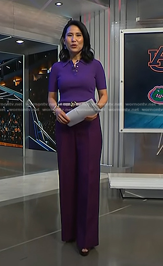 Vicky's purple ribbed polo and pants on NBC News Daily