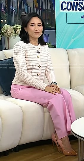 Vicky's white textured cardigan and pink pants on Today