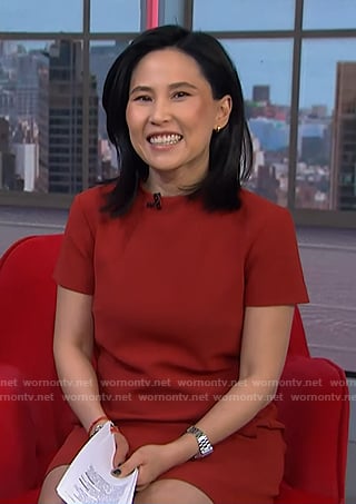 Vicky's red short sleeve shift dress on NBC News Daily