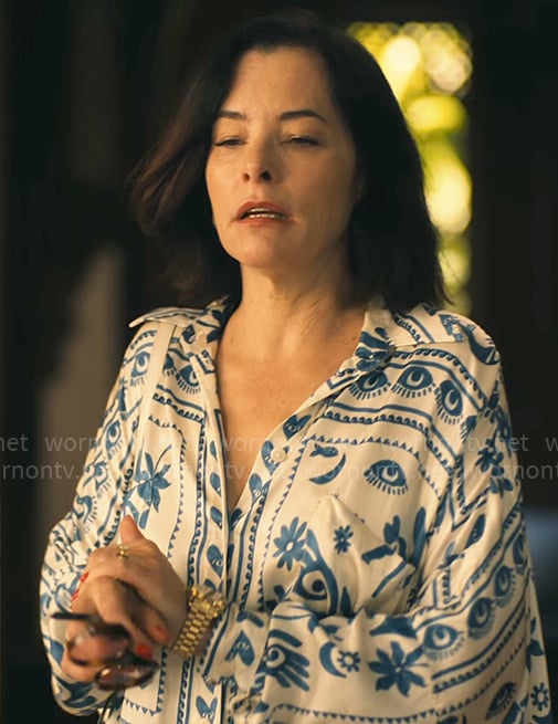Victoria's blue and white printed shirtdress on The White Lotus