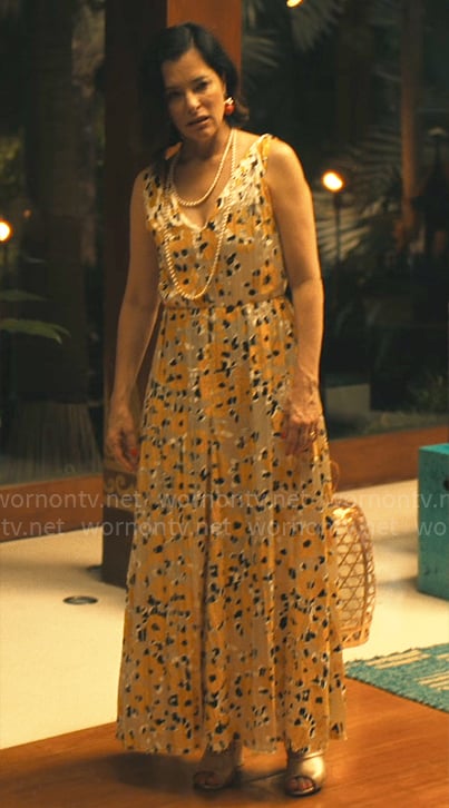 Victoria's long floral satin dress on The White Lotus