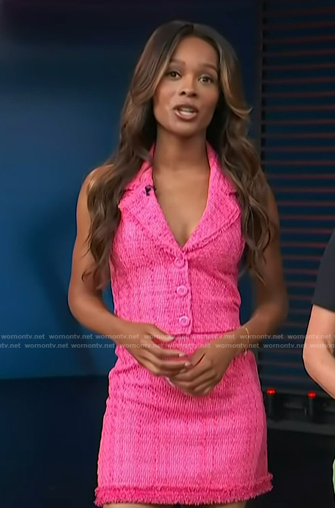 Zuri's pink tweed top and mini skirt on Access Hollywood