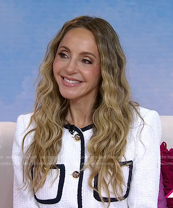 Gabrielle Bernstein's white contrast trim tweed jacket and shorts on Today