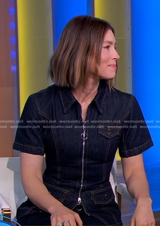 Jessica Biel's short sleeve denim zip top on Good Morning America