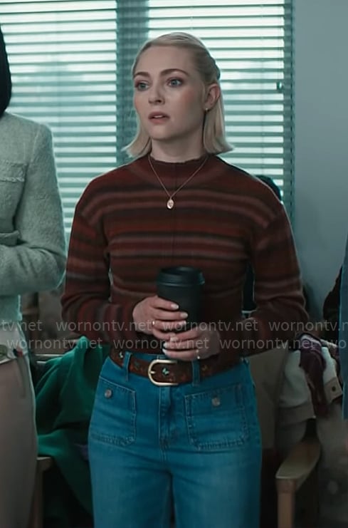 Alice's red striped sweater and patch pocket jeans on Grosse Pointe Garden Society