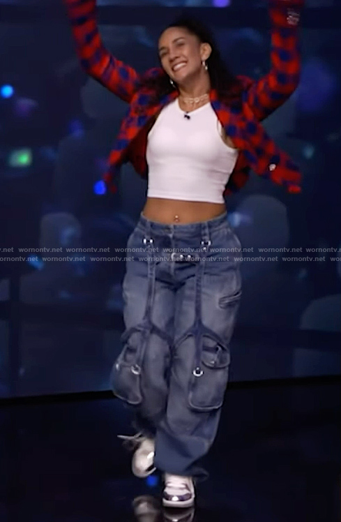 Amanda Serrano's denim jeans and plaid jacket on Live with Kelly and Mark