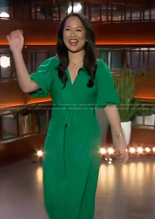 Ana Huang's green wrap dress on The Kelly Clarkson Show
