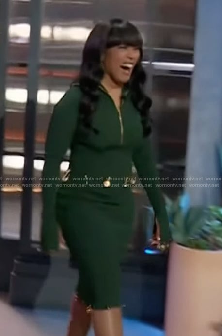 Angela Bassett's green sweater and skirt with gold embellishments on The Kelly Clarkson Show