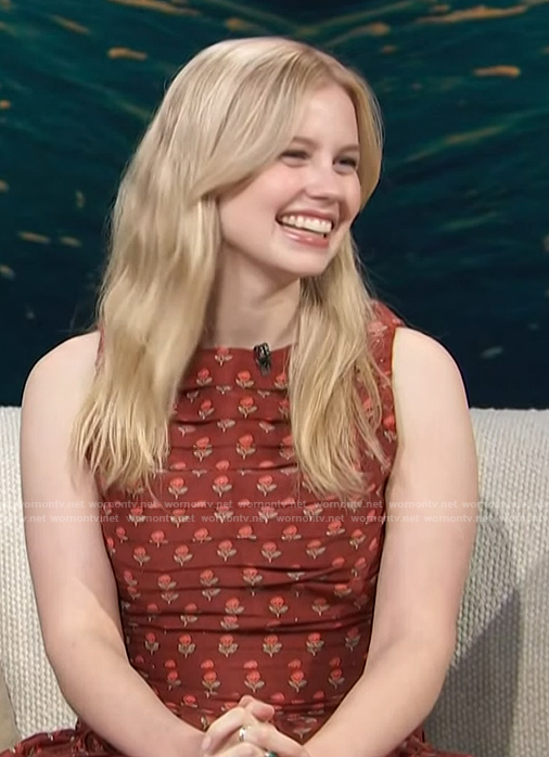 Angourie Rice's brown floral print mini dress on Access Hollywood