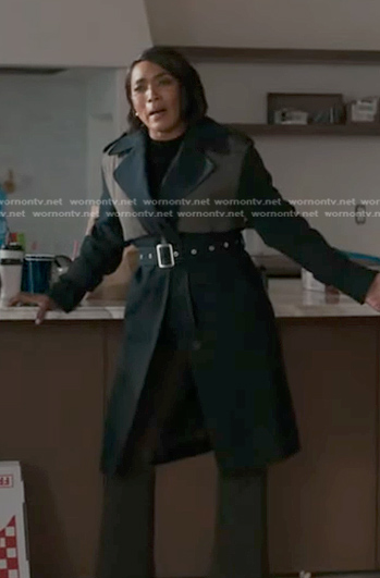 Athena's black colorblock trench coat on 9-1-1