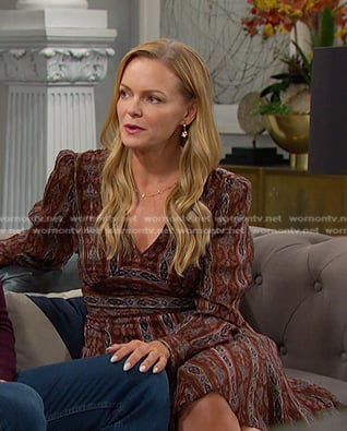 Belle's brown print v-neck dress on Days of our Lives