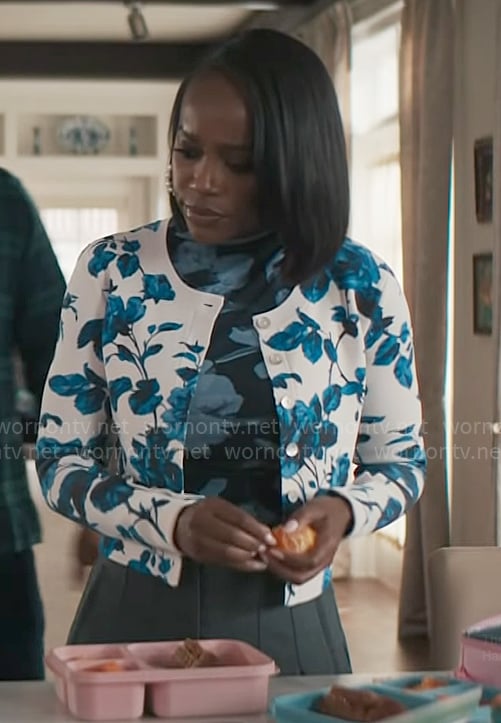 Catherine's blue floral top and cardigan on Grosse Pointe Garden Society
