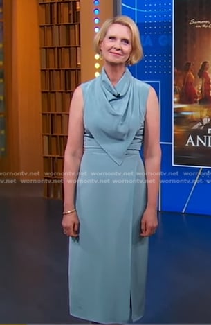 Cynthia Nixon's blue scarf neck dress on Good Morning America