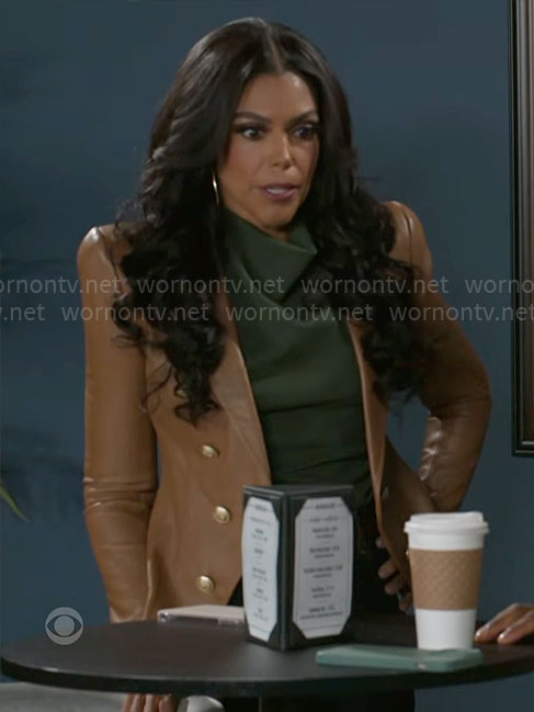 Dani's green draped top and leather blazer on Beyond the Gates