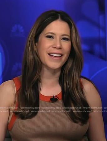 Deirdre's brown contrast trim ribbed dress on NBC News Daily