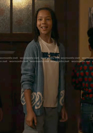 Denny's white print tee and blue paisley cardigan on 9-1-1