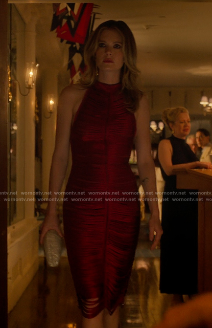 Devon red halter neck dress on Sirens
