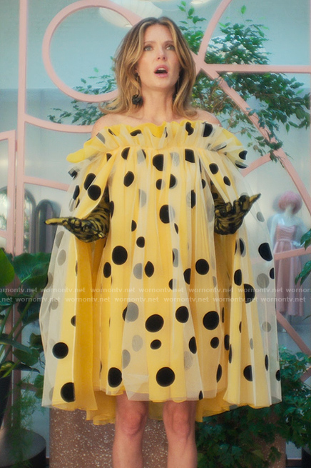 Devon's yellow polka dot tulle mini dress on Sirens