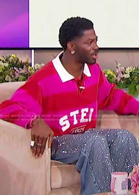 Lil Nas X's pink striped rugby polo on The Jennifer Hudson Show