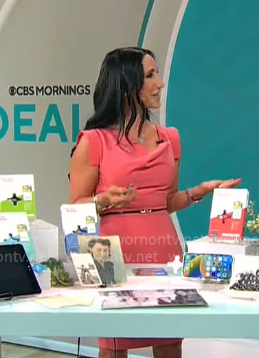 Elizabeth Werner's coral pink draped neckline dress on CBS Mornings