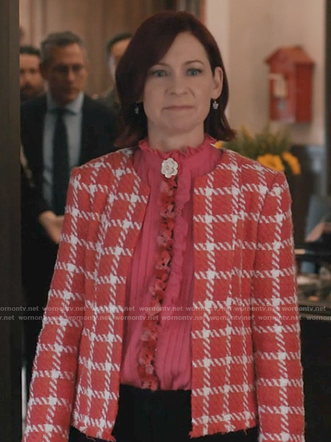 Elsbeth's pink check jacket on Elsbeth