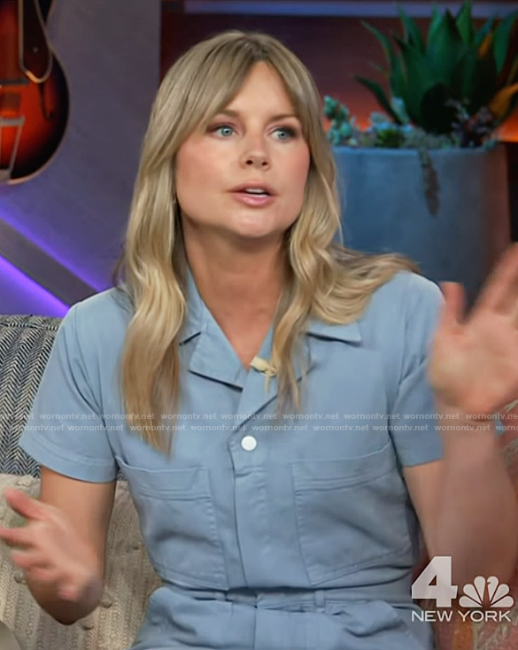 Erin's blue short sleeve jumpsuit on The Kelly Clarkson Show