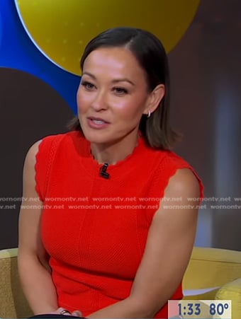 Eva's red scalloped knit top on Good Morning America