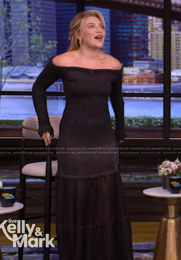 Florence Pugh's black metallic off shoulder dress on Live with Kelly and Mark