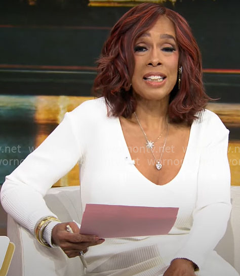 Gayle King's white rib knit dress on CBS Mornings