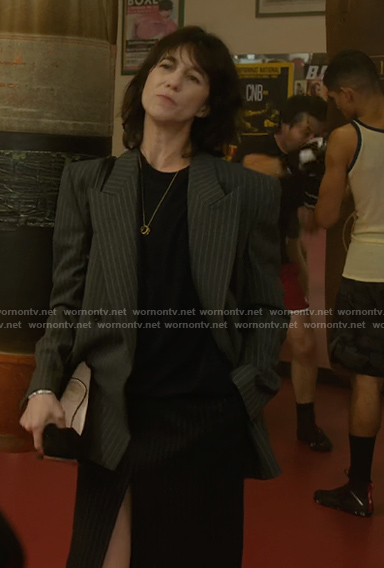 Genevieve's black pinstripe double breasted blazer on Etoile