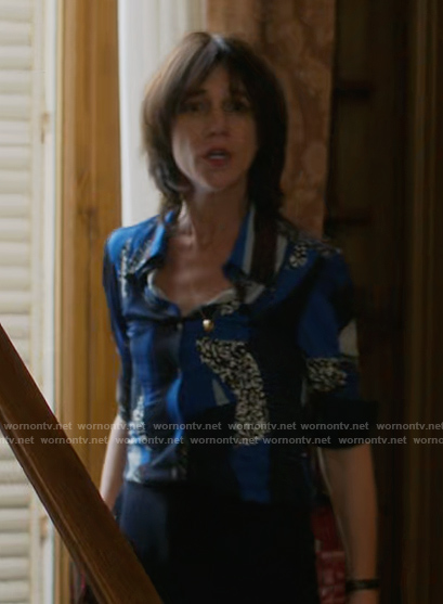 Genevieve's blue abstract print blouse on Etoile