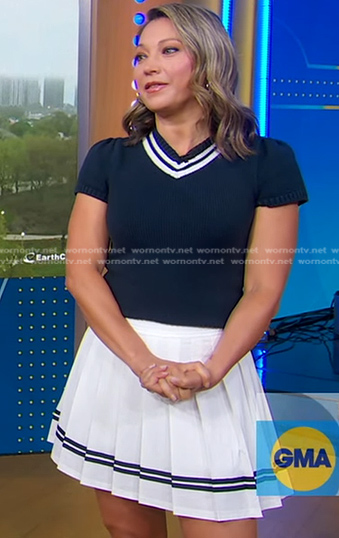 Ginger's navy short sleeve sweater and white pleated mini skirt on Good Morning America