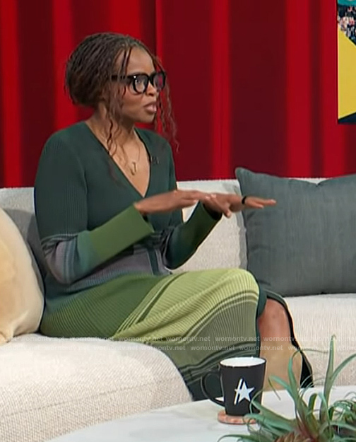 Jacqueline Coley's green ribbed striped dress on Access Hollywood