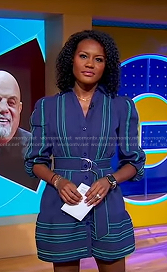 Janai's navy dress with green stitching on Good Morning America