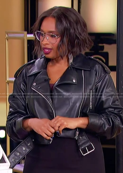 Jennifer's black leather moto jacket on The Jennifer Hudson Show