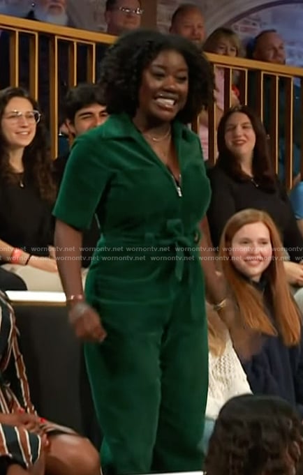 Jenneh Kaikai's green corduroy jumpsuit on The Kelly Clarkson Show