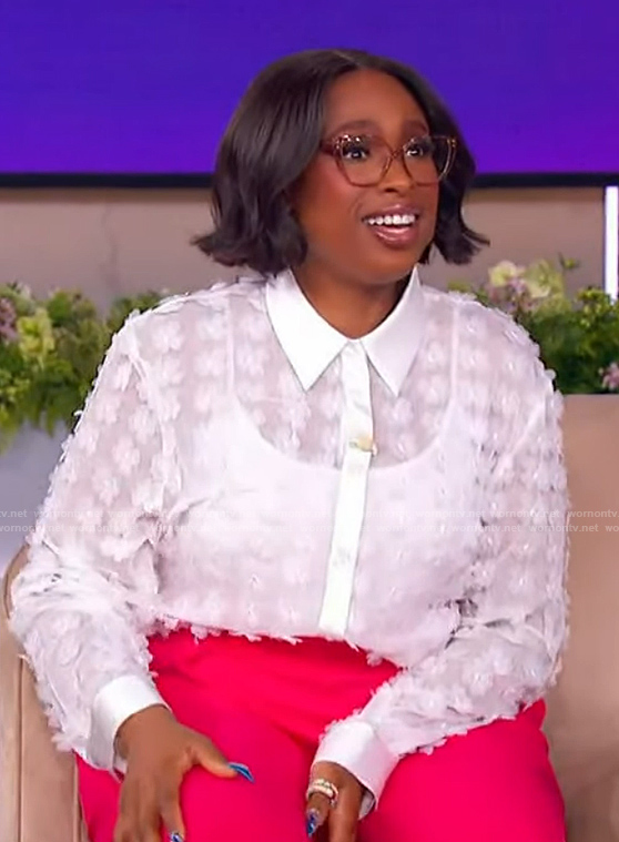 Jennifer's white floral applique blouse on The Jennifer Hudson Show