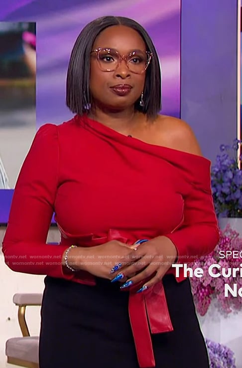 Jennifer's red one shoulder top on The Jennifer Hudson Show