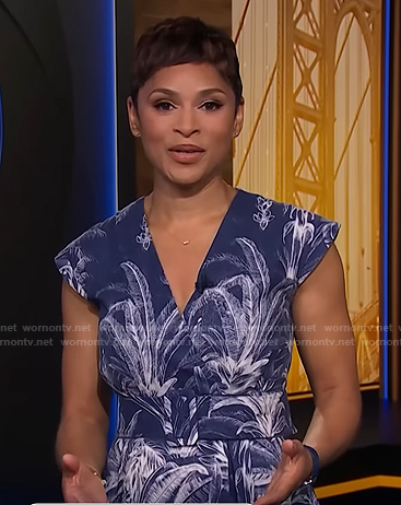 Jericka's navy palm tree print dress on CBS Evening News
